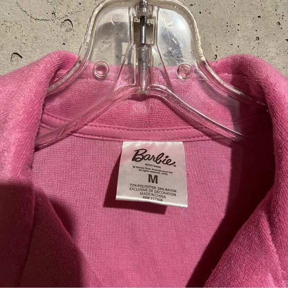 Barbie Terry Cloth Button Down Shirt Short Sleeve Lounge Pink Womens Medium - Picture 3 of 6